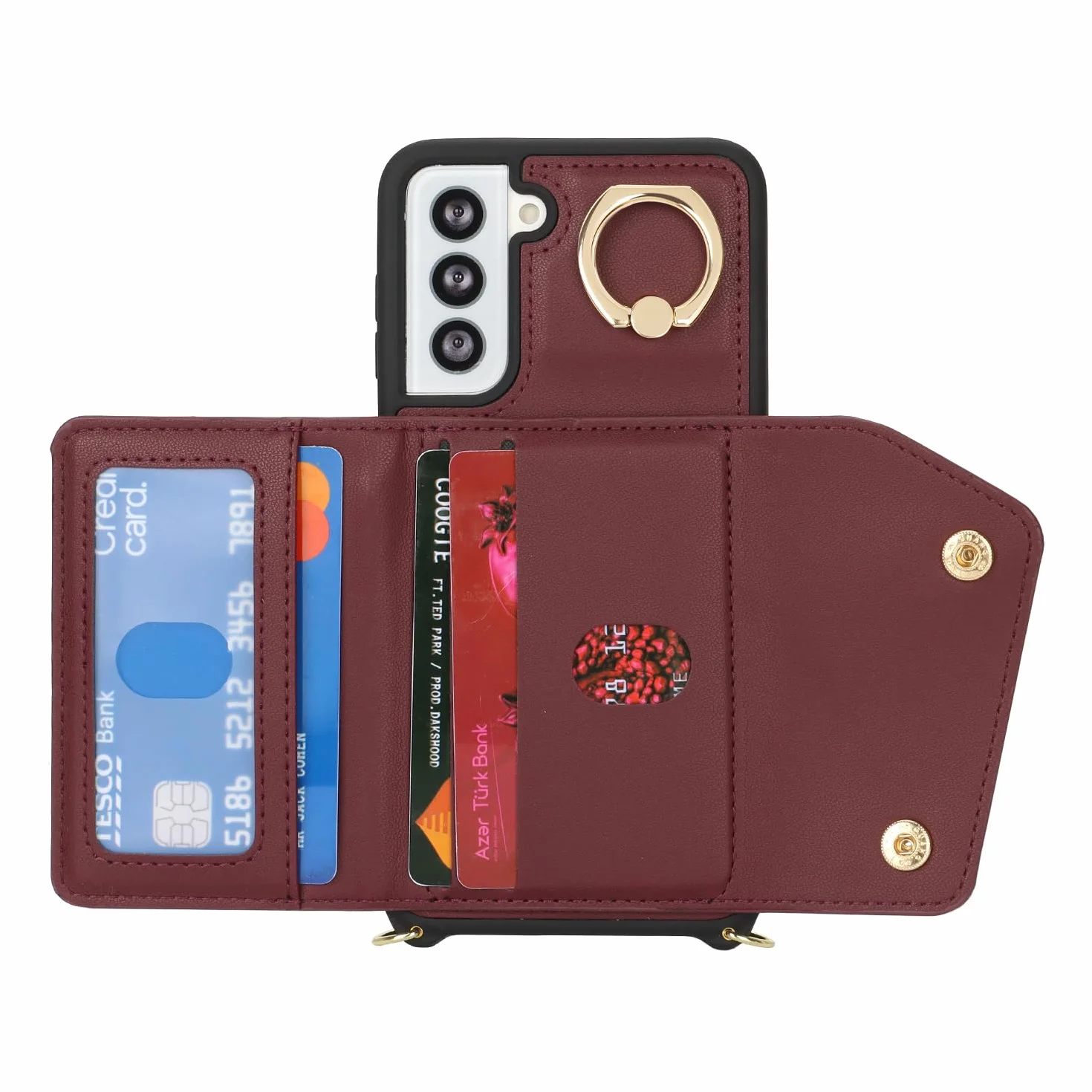 Lipvina Etui do Samsung Galaxy S21 FE etui z paskiem na karty, etui na telefon komórkowy Samsung Galaxy S21 FE z zamkiem błyskawicznym, z pierścieniem, stojakiem dla kobiet - czerwone