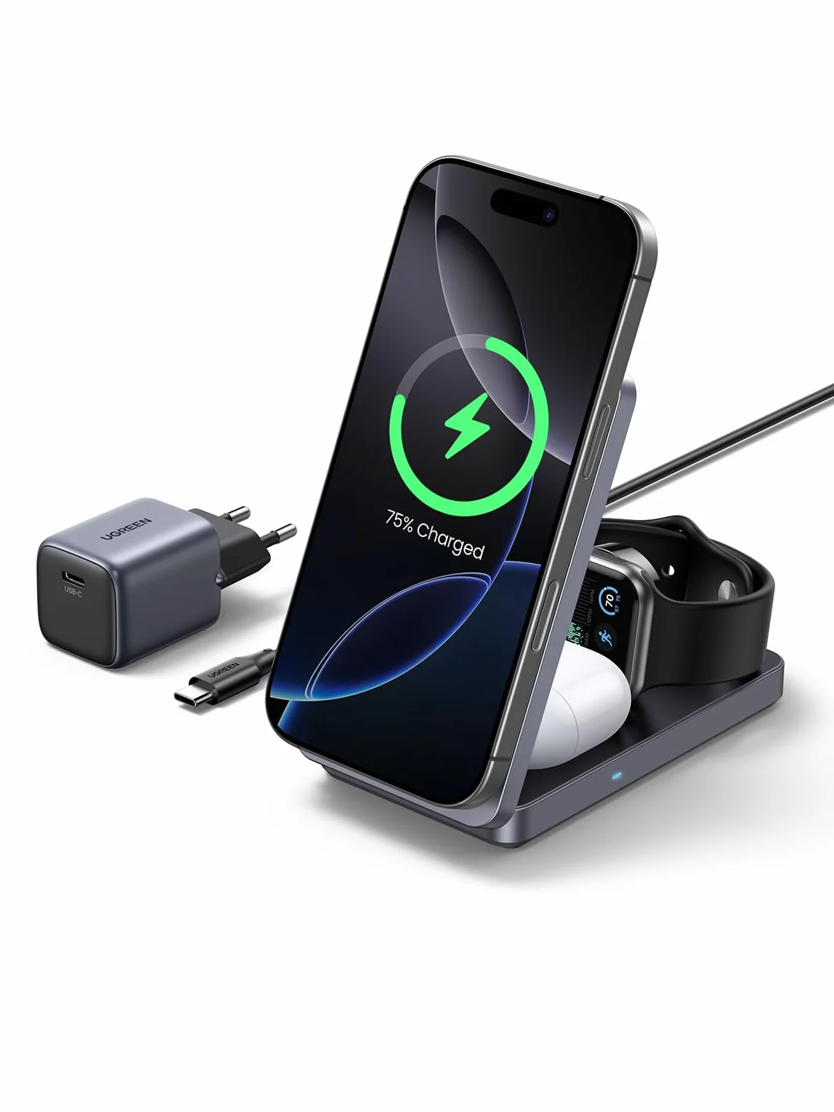 UGREEN MagFlow Qi2 15 W 3-w-1 składana stacja ładująca z MagSafe | Certyfikowana, z iPhone'ami 17-12, AirPodsami, smartwatchami, składaną magnetyczną podstawką z ładowarką 30 W i kablem