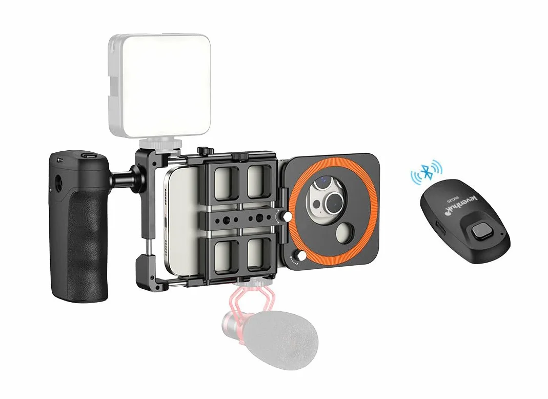 Levenhuk Kelvin RIG20 Profesjonalna Klatka Fotograficzna Na Smartfon, Bluetooth Zdalny Spust Migawki, Uchwyt Boczny z Wbudowaną Baterią, Akcesoria w Zestawie do Vlogów i Transmisji na Żywo | Bluetooth Zdalny Spust Migawki, Uchwyt Boczny z Wbudowaną Bateri