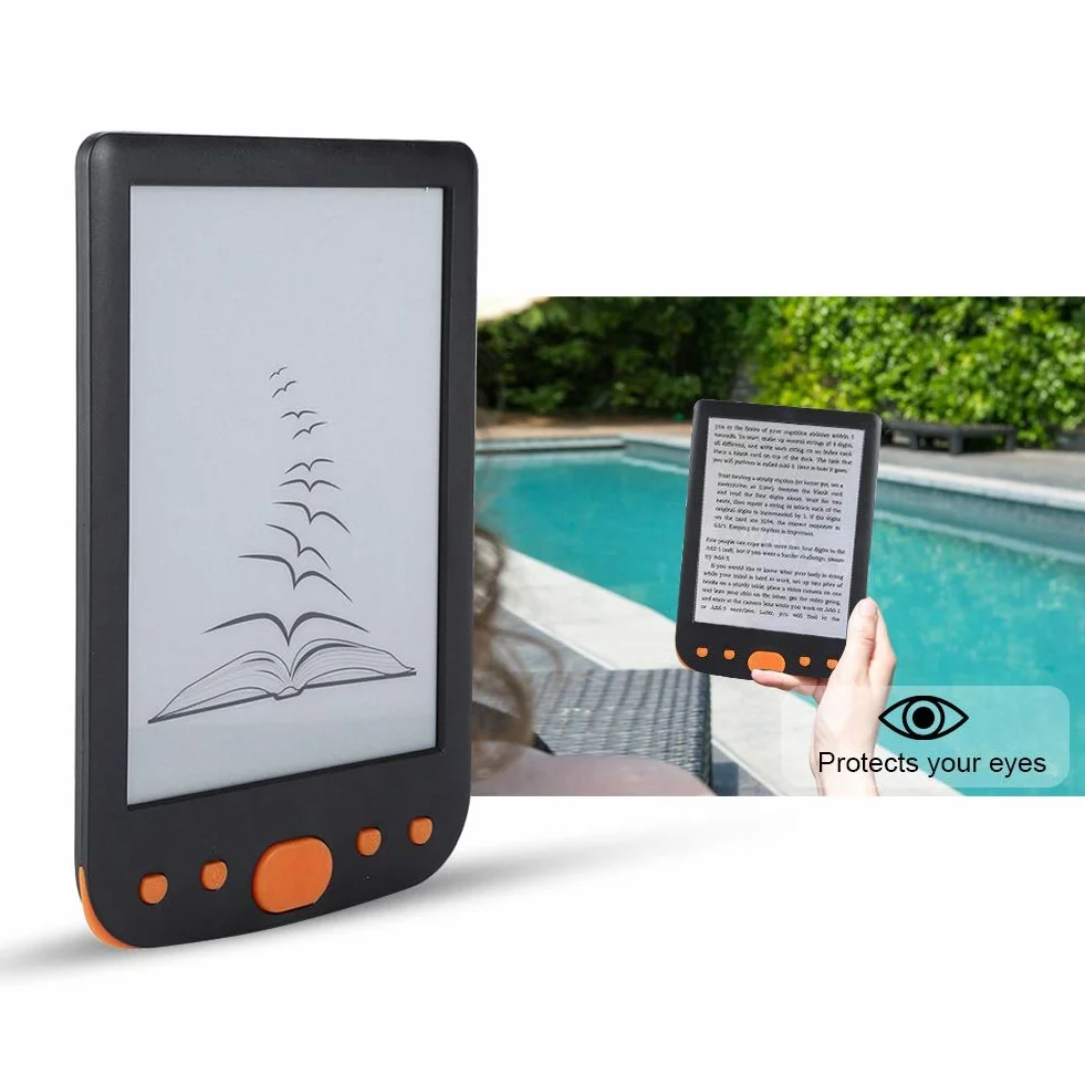 E-Reader, BK-6025L Przenośny 6-calowy 8G USB2.0 Wodoodporny czytnik e-booków z wbudowaną skórzaną obudową Bateria 1800 mAh Wiele języków obsługuje karty 32G TF, oświetlenie ekranu (pomarańczowy)