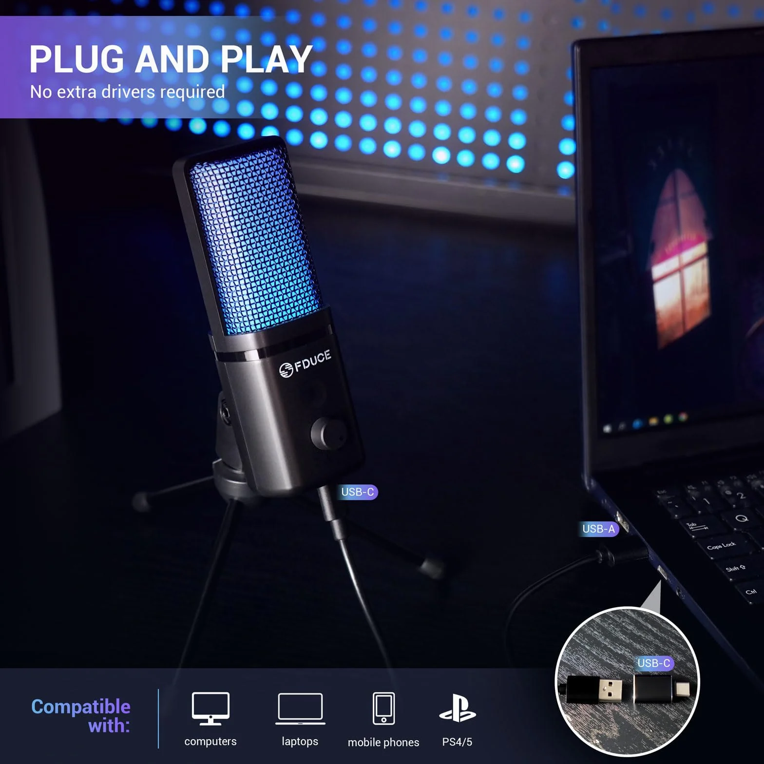 FDUCE Mikrofon USB do gier, mikrofon pojemnościowy RGB ze statywem, regulacja głośności i funkcja wyciszenia, kompatybilny z komputerem, laptopem, do gier, podcastów, przesyłania strumieniowego