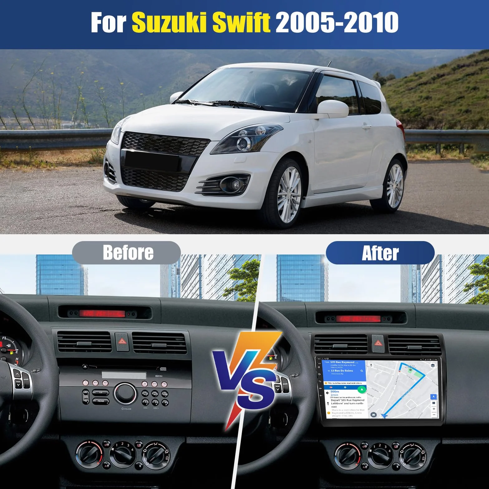 CAMECHO 4+128G 10 cali nawigacja radio samochodowe do Suzuki Swift 2005-2010 z kamerą cofania, Android 13 Wireless Carplay Bluetooth radio z systemem Android Auto FM/RDS, GPS, WiFi + 1280 x 720 HD