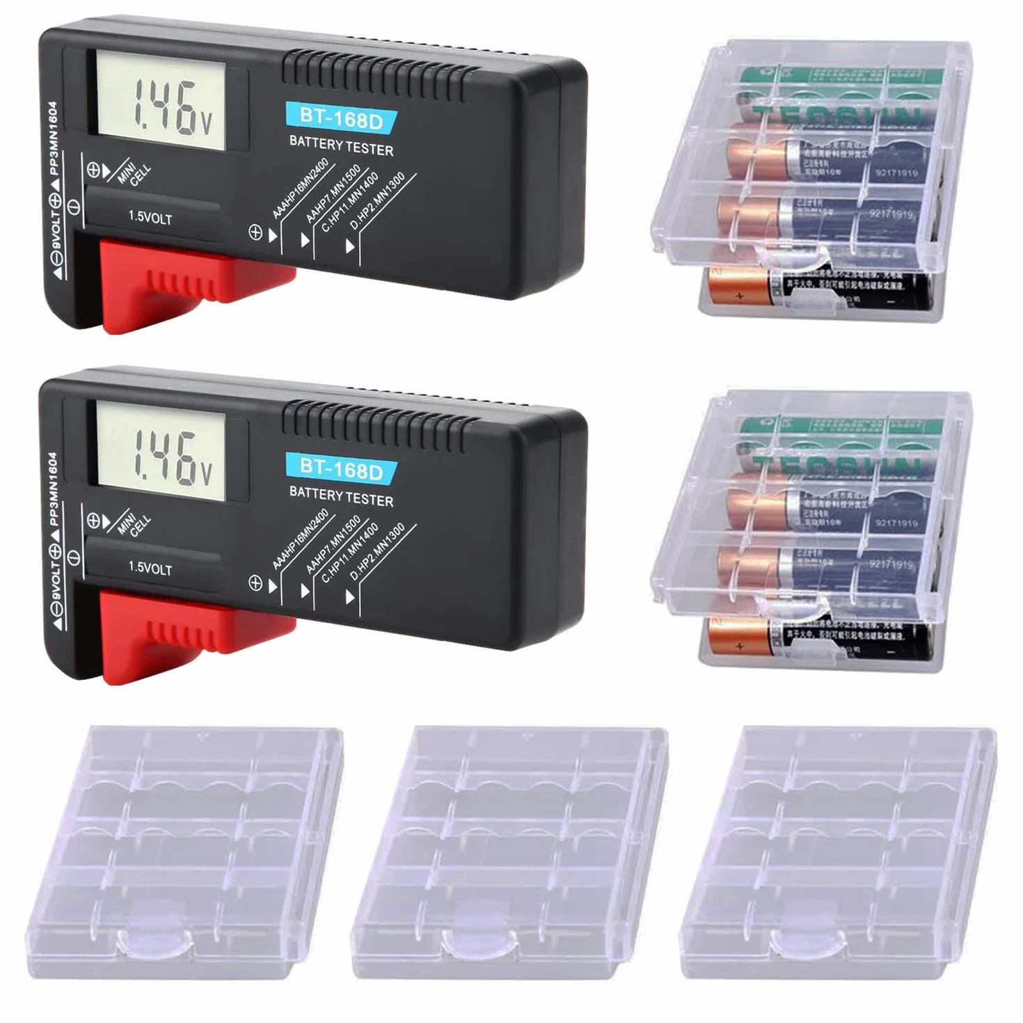 GTIWUNG 2szt Cyfrowy Tester Baterii z Wyświetlaczem LCD, Tester Tester Uniwersalny Baterie Cyfrowy Miernik Napięcia Baterii AAA C D 9V 1.5V + 5szt Pudełko do przechowywania baterie aa i aaa