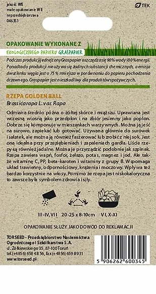 Nasiona rzepy Golden Ball Brassica rapa – średnio późna odmiana o żywej żółtej skórze, pożywne i wszechstronne, idealne do sałatek i zup, opakowania przyjazne dla środowiska