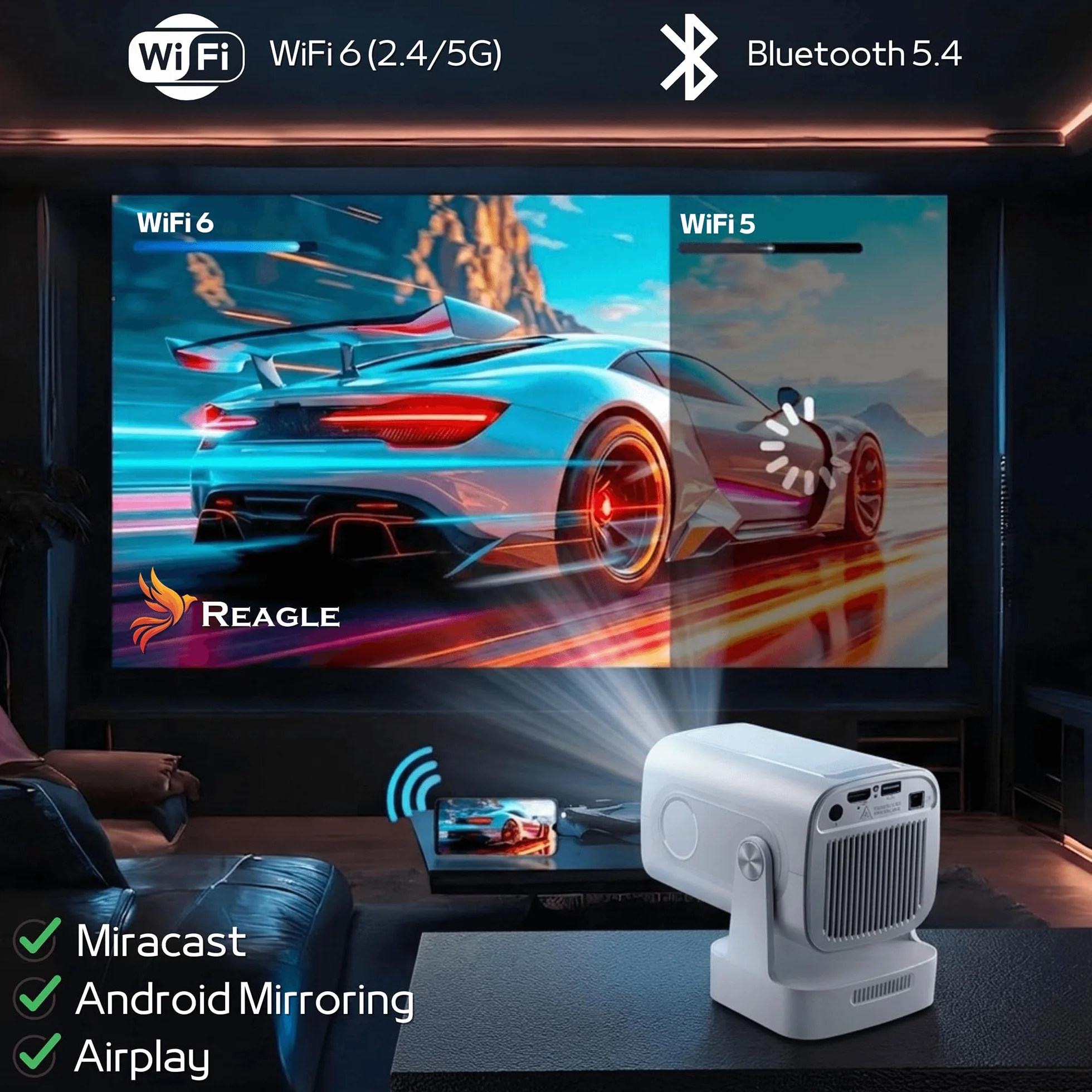 Reagle R-MOVIELUM-P30 Mini Projektor Full HD 1080P Android 14 WiFi Bluetooth Autofocus 330 ANSI LED Projektor Przenośny 130 Cali Keystone HDMI USB Smart TV Miracast Kino Domowe