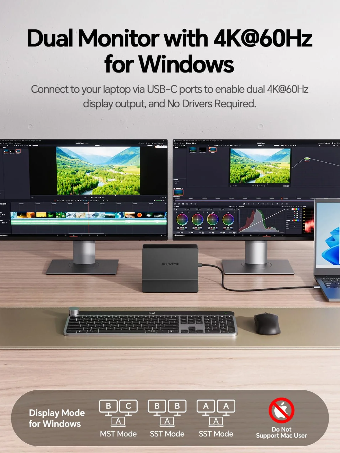 Stacja dokująca USB C, podwójny monitor 4K 60 Hz, pionowa stacja dokująca do laptopa 11 w 1 ze stojakiem, ładowanie PD 100 W, USB-C i USB-A, Gigabit Ethernet do laptopów z systemem Windows/Dell/Lenovo