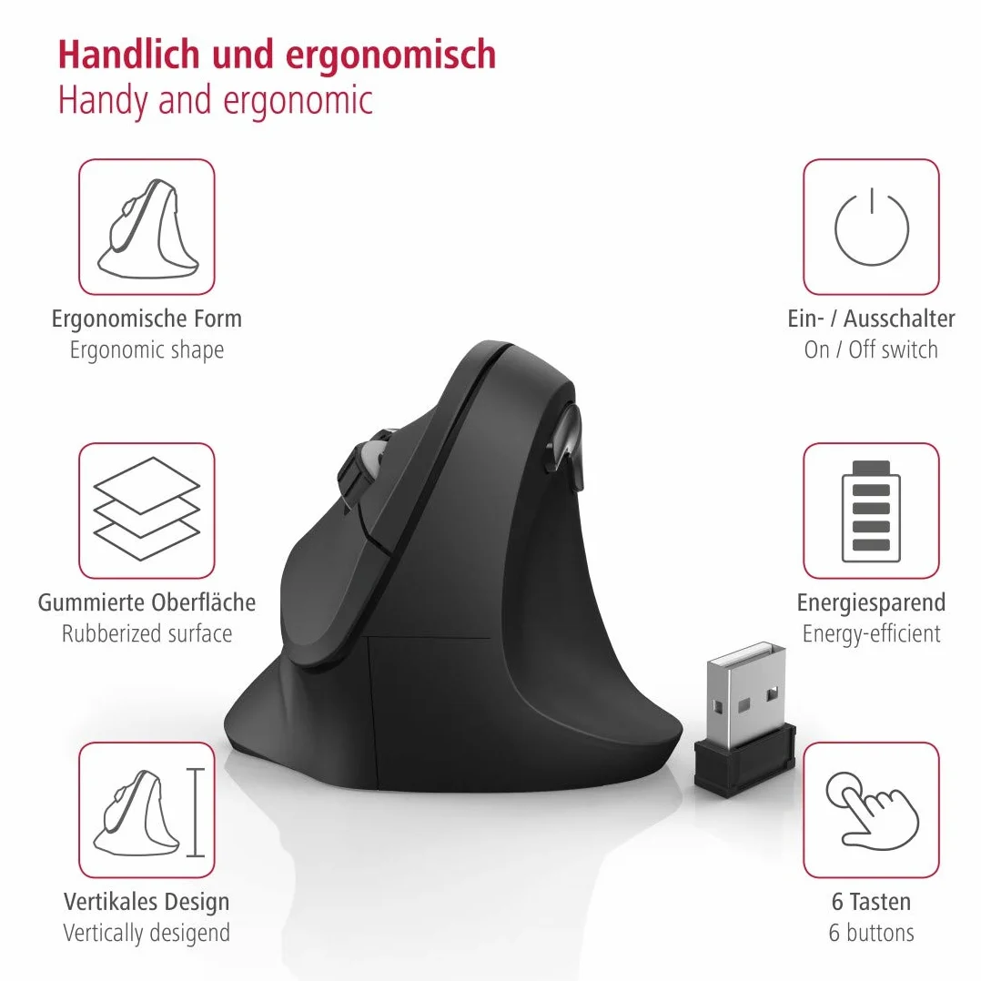 Hama Bezprzewodowa mysz ergonomiczna 6 przycisków 3600 DPI czarny