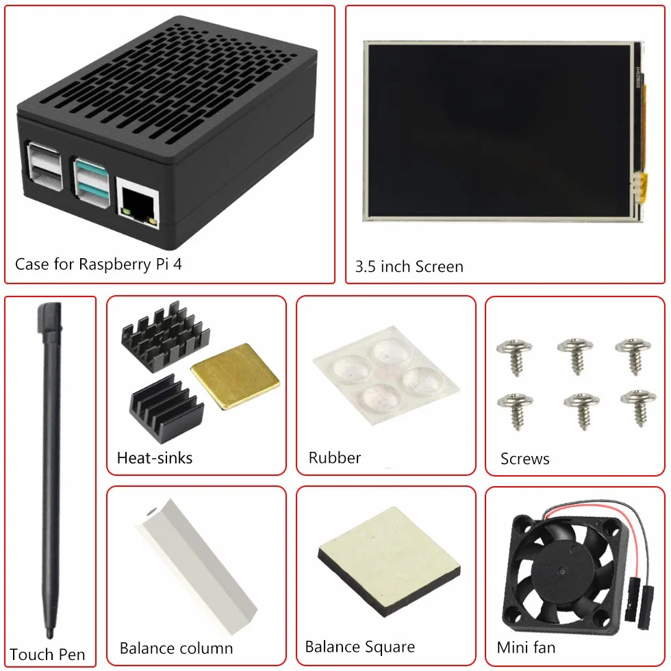 CUQI Dla Raspberry Pi 4 Ekran dotykowy z obudową 3.5 cala 60 FPS Monitor z rozdzielczością 480 x 320 i mini wentylatorem, radiatorem, obudowa zaprojektowana dla Raspberry Pi 4