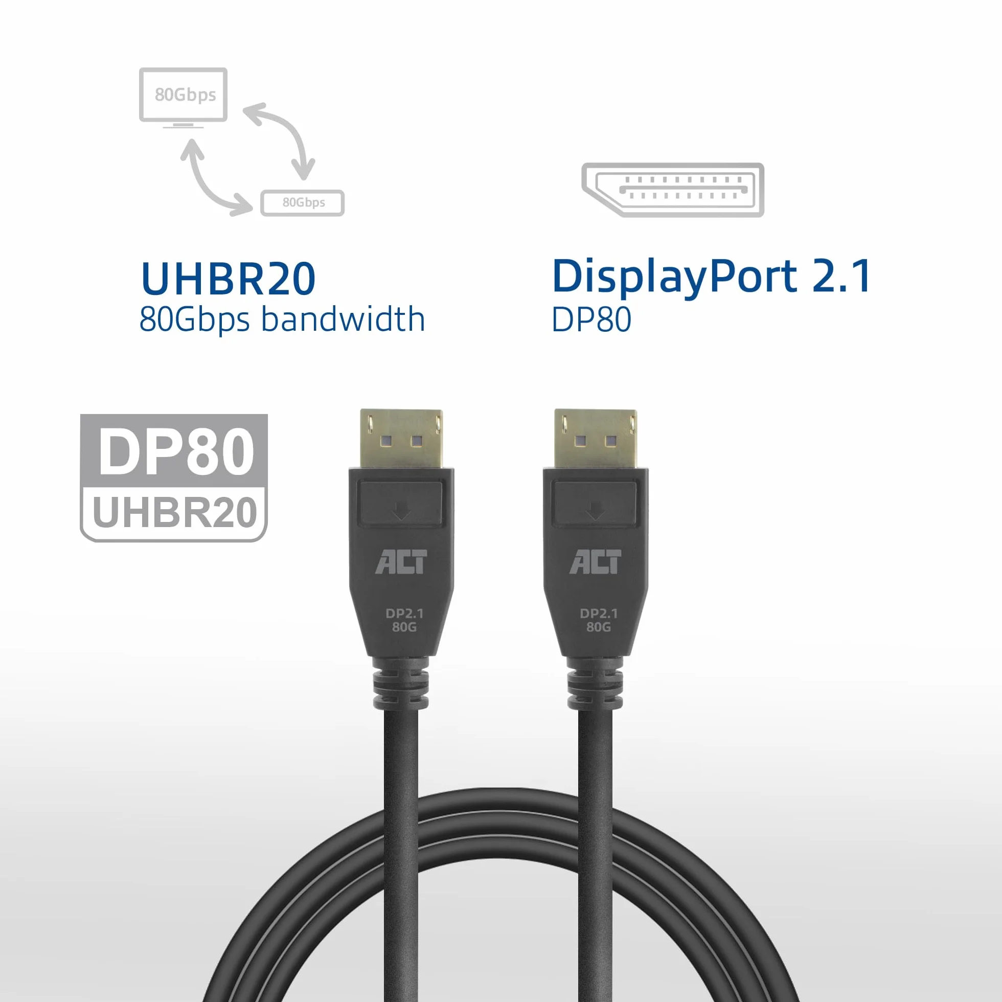 ACT DisplayPort 2.1 kabel, 1 m, UHBR20 80 Gb/s, obsługuje 10K @ 30 Hz/8K 60 Hz/4K 240 Hz, czarny - AK4081