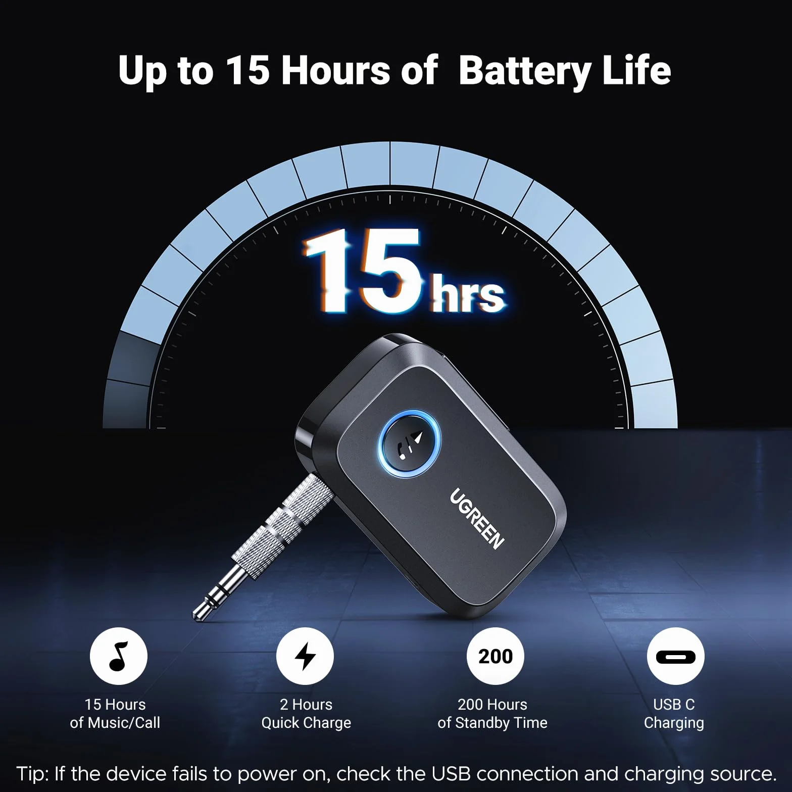 UGREEN Adapter Bluetooth 6.0 Samochodowy z Gniazdem AUX 3.5 mm i Mikrofonem Głośnomówiący Czarny