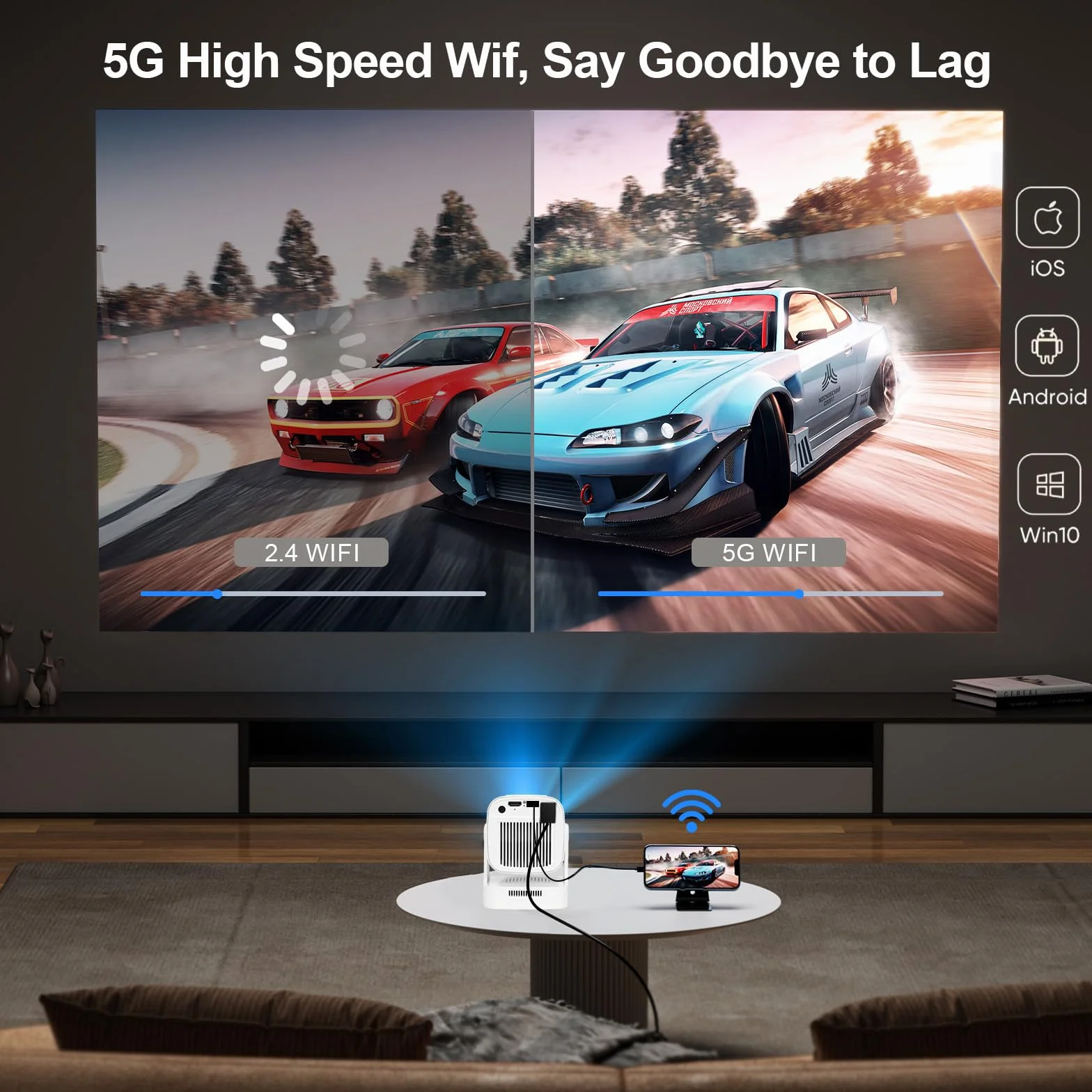 DCHAV Przenośny projektor bezprzewodowy z regulacją 180° – dekodowanie wideo 4K, system Android, automatyczna korekcja trapezu, kino domowe na zewnątrz, kompatybilny z telefonem i laptopem