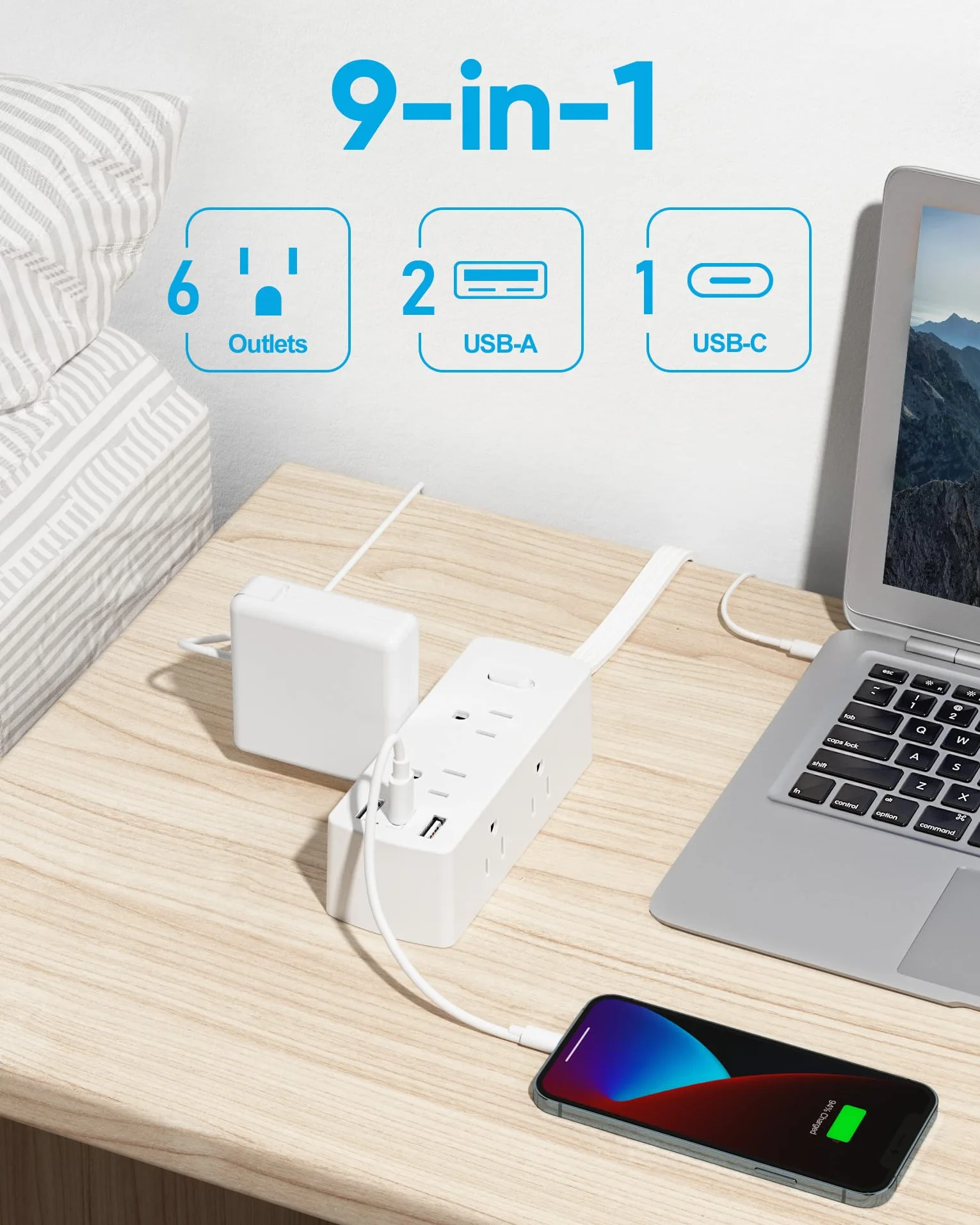 Olcorife - Płaski przedłużacz 20 stóp z 6 gniazdami 3 portami USB (1 USB C), 3-stronny przedłużacz wyjściowy, ochrona przeciwprzepięciowa do domu, biura, sypialni, pokoju