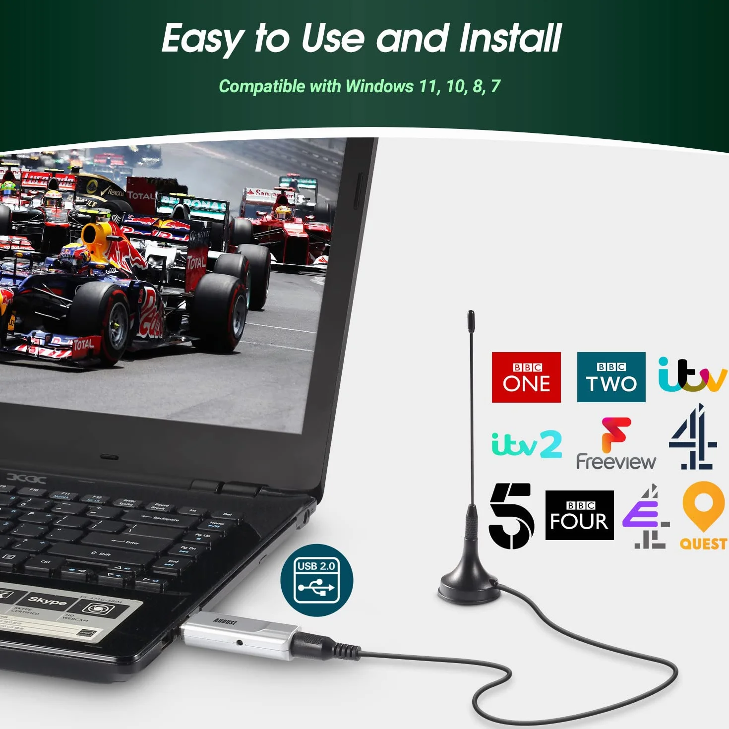 Tuner TV USB HD - August DVB-T210 - Oglądaj cyfrowy telewizor Cyfrowa telewizja naziema w Full HD na laptopie i komputerach stacjonarnych - zewnętrzna karta telewizyjna do Windows 11,10, 8, 7