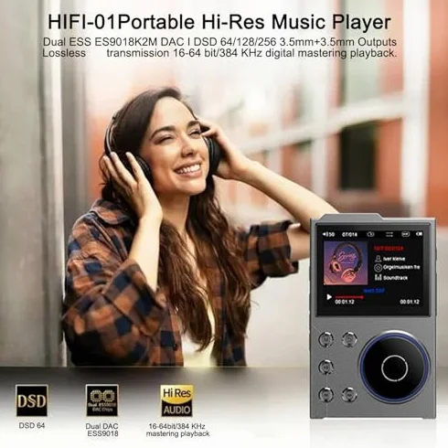 Odtwarzacz HiFi MP3 z Bluetooth, Bezstratny Cyfrowy Odtwarzacz Muzyki Audio DSD o Wysokiej Rozdzielczości, Przenośny Odtwarzacz Audio z kartą Pamięci 16 GB, Obsługa do 256 GB
