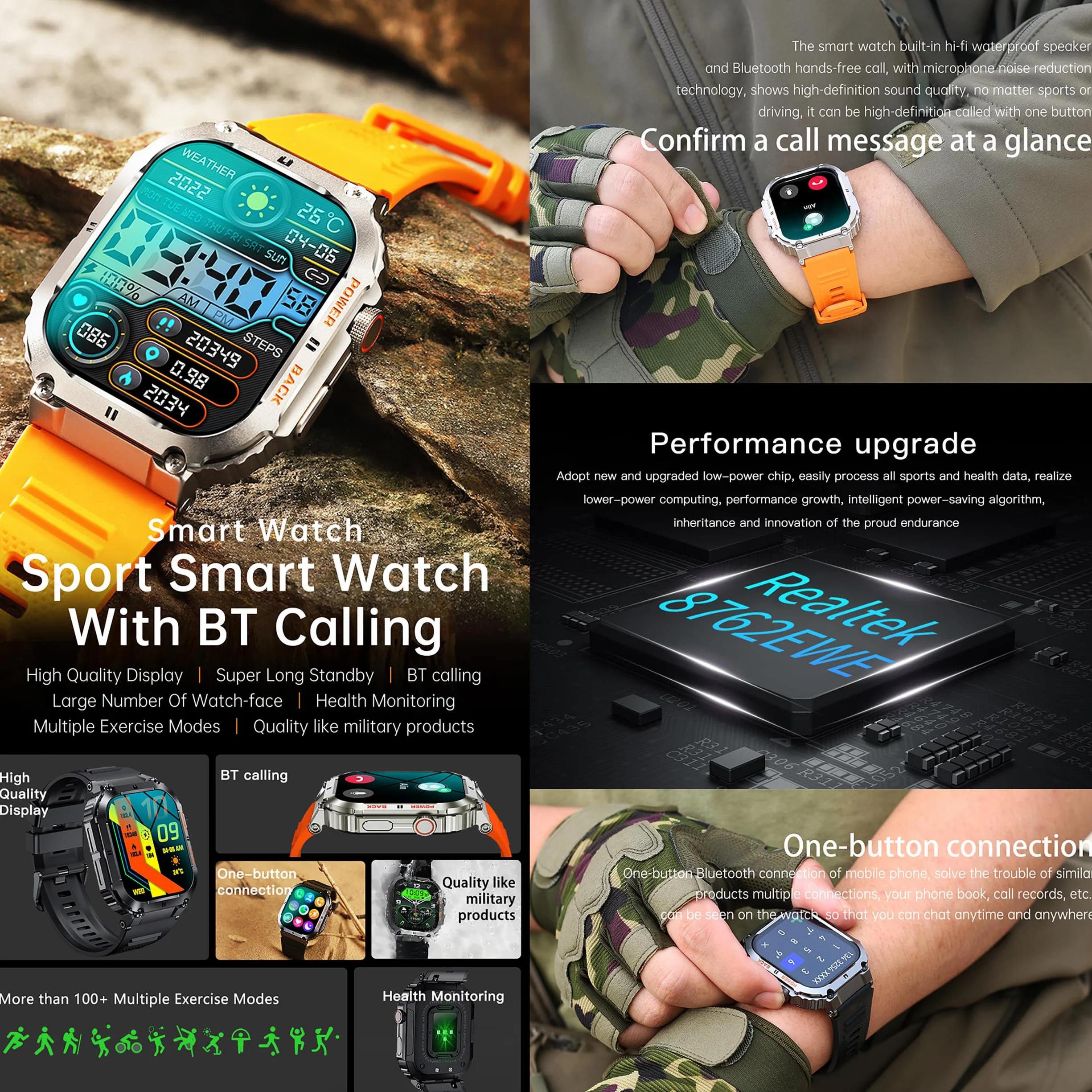 Smartwatch męski z funkcją telefonu, 1,96" HD zegarek sportowy z połączeniami telefonicznymi, zegarek fitness z monitorem tętna, monitorem snu, krokomierzem, wodoszczelność IP68, Smart Watch do