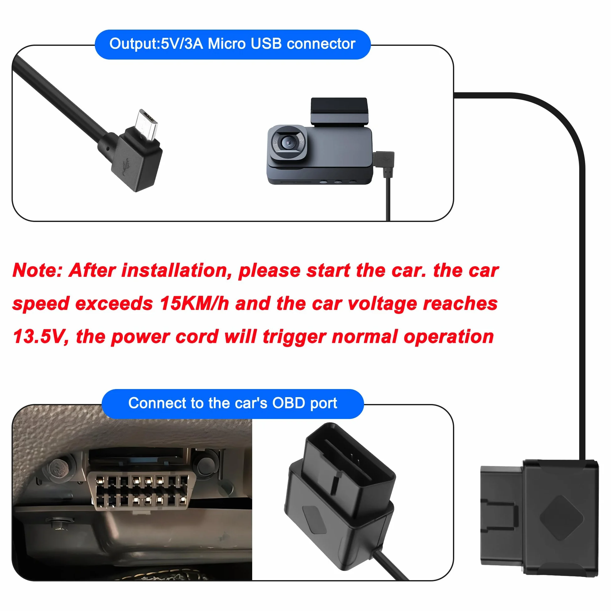 Kabel sieciowy OBD do kamery samochodowej micro USB 90 stopni 12V-24V do 5V Dash Cam Hardwire Kit z LED i ochroną niskiego napięcia