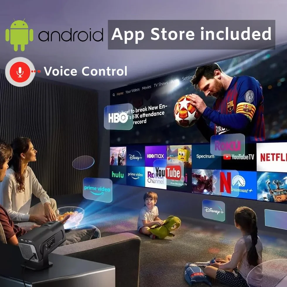 Przenośny projektor 4K Support/WiFi 6 / BT 5.4 Android TV i [aplikacja] automatyczne ustawianie ostrości, Full HD 1080P, głośniki HiFi, krótka ogniskowa, kompatybilna z HDMI/TV Stick/Gaming
