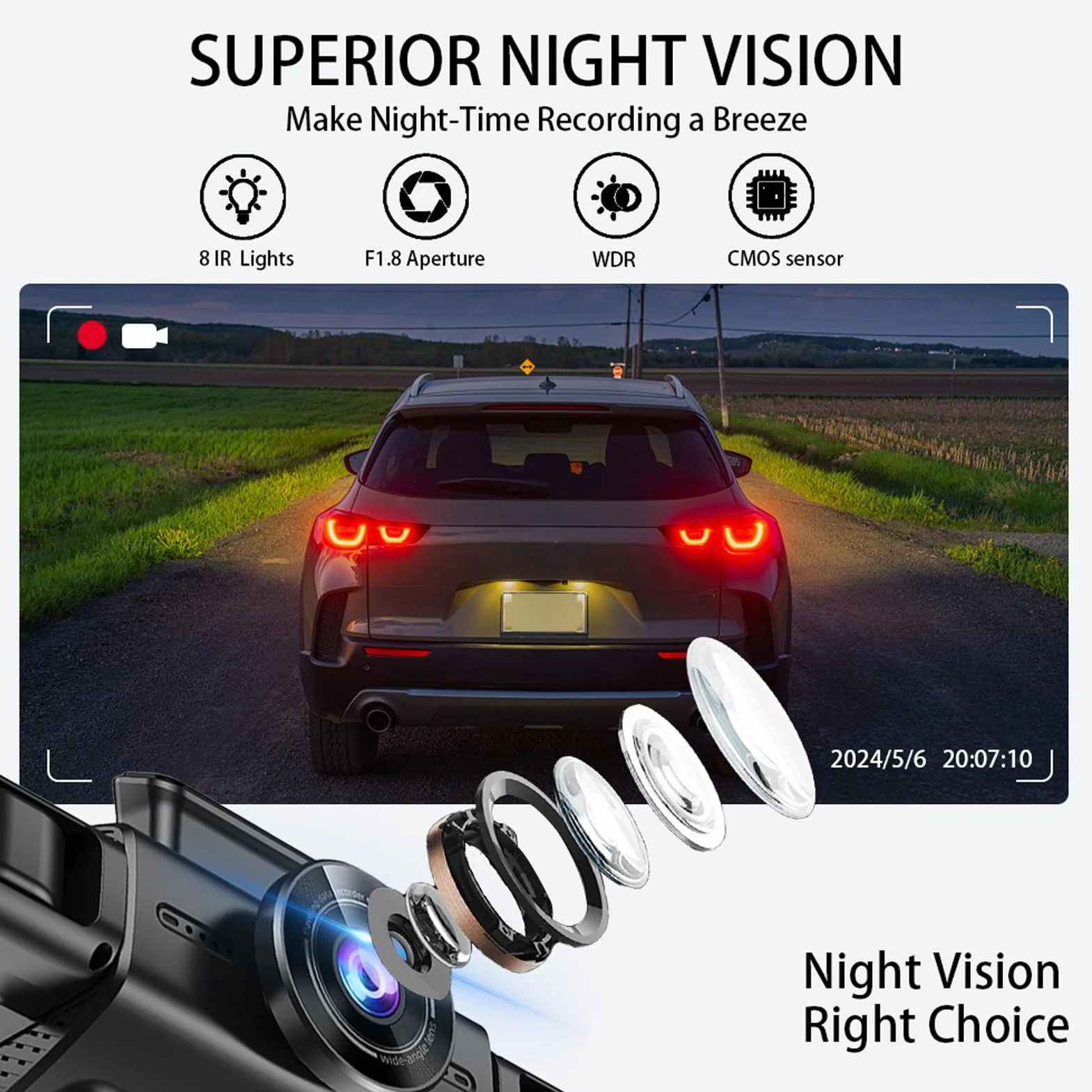 LICAEVEY 2K HD Dash Kamera Przednia Tylna Tylna Tylna część, w Lewym Prawym Kątu, 3 -calowy Ekran, Kamera Deski Rozdzielczej Wi -Fi z kartą Pamięci 64 GB dla Samochodów