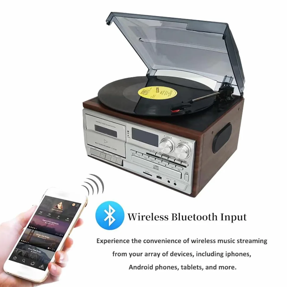 Gramofon 9 w 1 retro z radiem AM/FM, 3-biegowy winyl, wbudowane głośniki, wyjście audio do domowego biura, sypialni