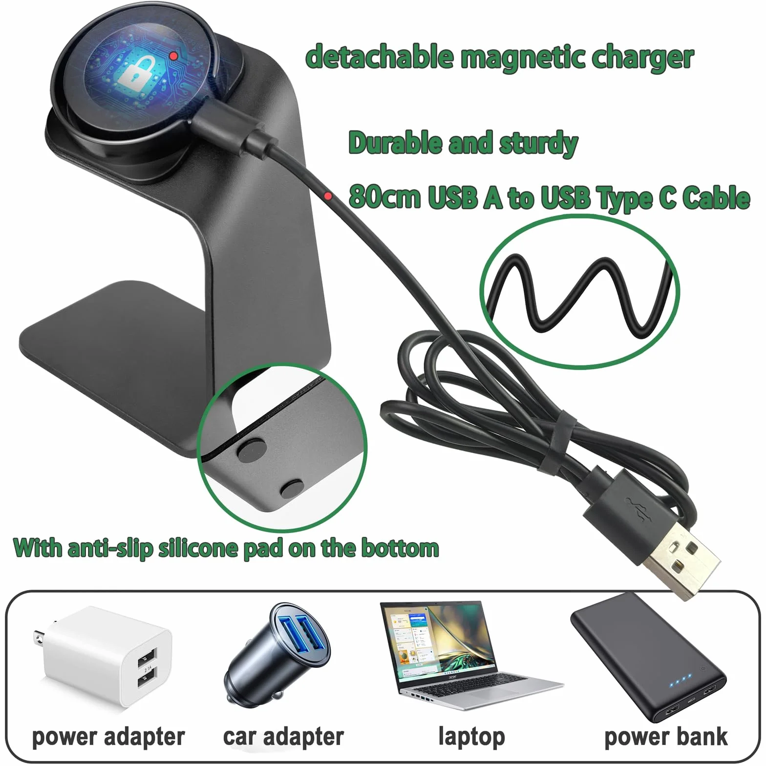 sciuU Magnetyczny stojak ładujący i ładowarka kompatybilny z Huawei GT6 / GT5 Pro / GT5 Pro / GT4 / GT4 Pro / GT3 / GT3 Pro/Fit 4, stacja dokująca + odłączany uchwyt ze stopu aluminium, kabel USB 100