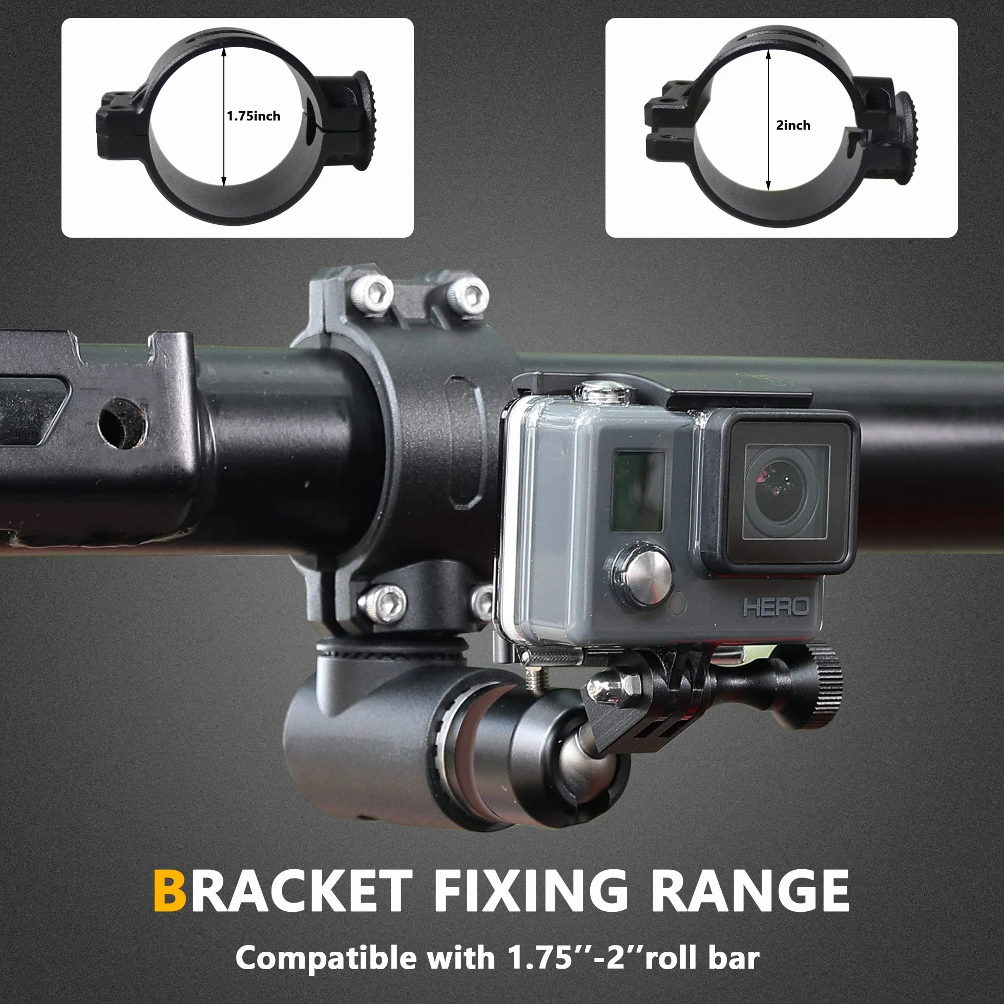 Uchwyt na kamerę UTV ATV kompatybilny z GoPro do rolki 1,7-2", aluminiowy uchwyt na kamerę obrotową o 360° do wszystkich modeli GoPro, takich jak Hero 9, 8,7,5 4, GoPro Max, Insta360 itp