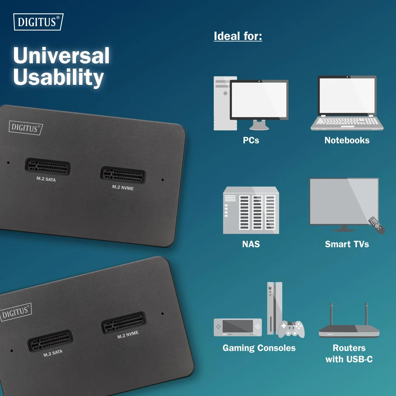 DIGITUS M.2 SSD stacja dokująca – dla dysków SSD NVMe i SATA o pojemności do 4 TB – czytnik kart SD Express – USB-C 3.2 Gen2 10 Gbit/s – dla 2242, 2260, 2280, 22110 – Hot-Swap – czarny