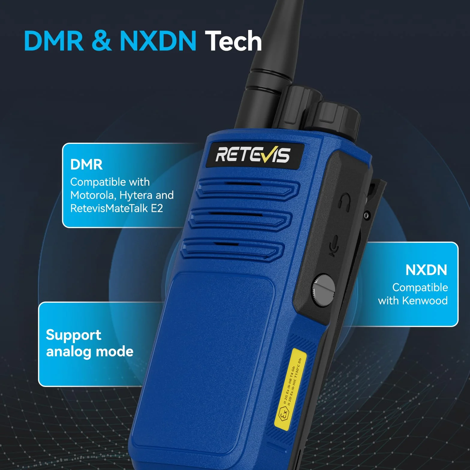 Retevis MateTalk E1 Przeciwwybuchowy Radiotelefon Dwukierunkowy, IP68 Wodoodporny z Alarmem Awaryjnym, ObsﾅＶguje Tryby Cyfrowe DMR i NXDN, 2450 mAh, Przeznaczone dla Rafinerii (Niebieski, 1 Szt.)