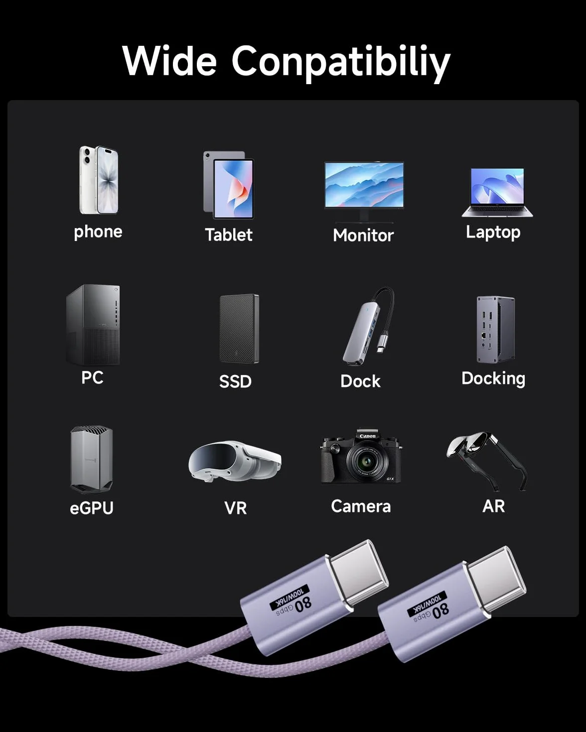 Fioletowy, 2 sztuki kabla USB typu C 80 GB/s, kompatybilny z Thunderbolt 5/4/3, elastyczny kabel USB C 100 W, 16K, 8K, 4K, do monitora, tabletu, dokowania, wyświetlacza, laptopów, dysków SSD