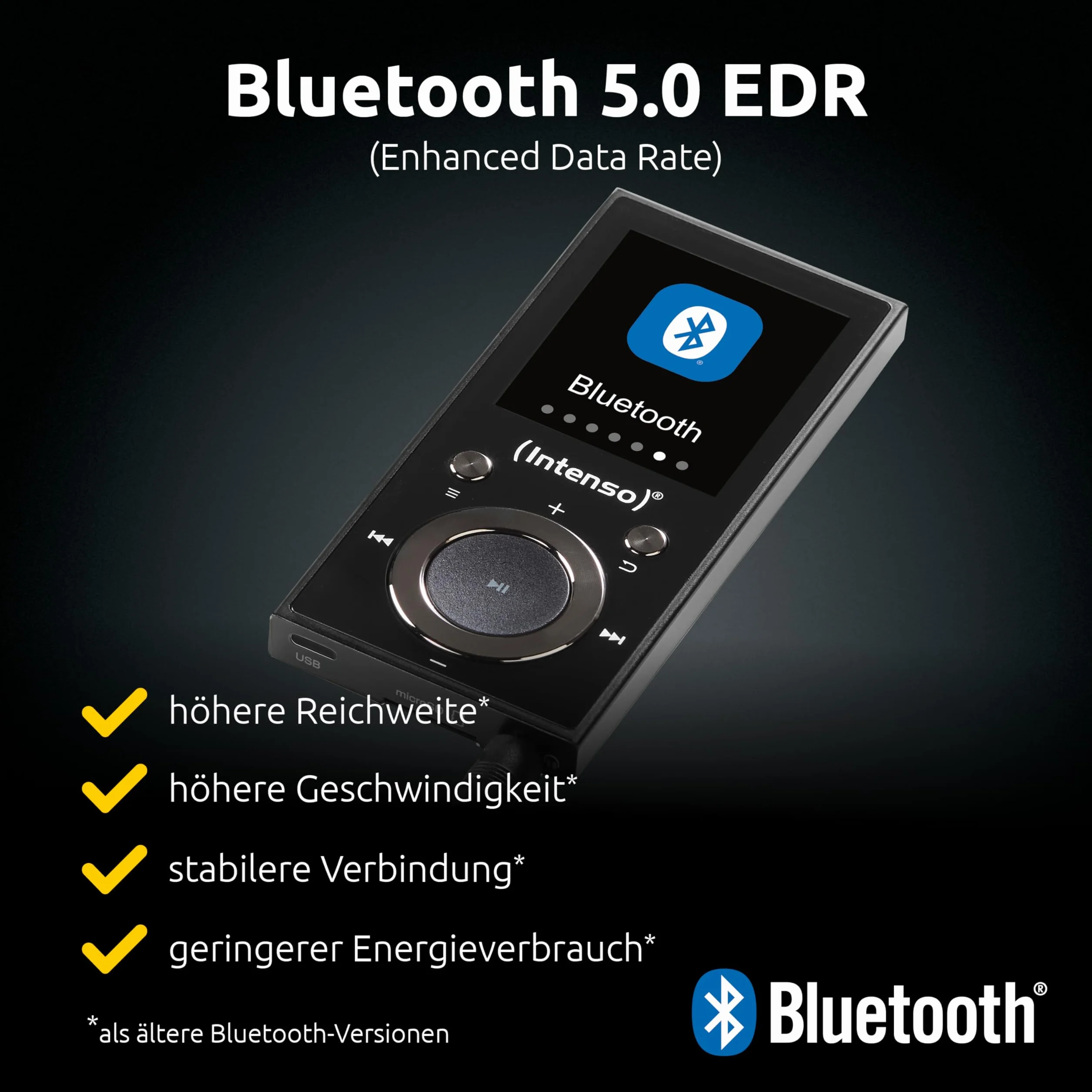 Intenso Video Scooter BT odtwarzacz MP3 z Bluetooth 5.0, kolorowy wyświetlacz 1,8", 64 GB microSD, USB-C, akumulator do 18 h, w zestawie słuchawki, czarny