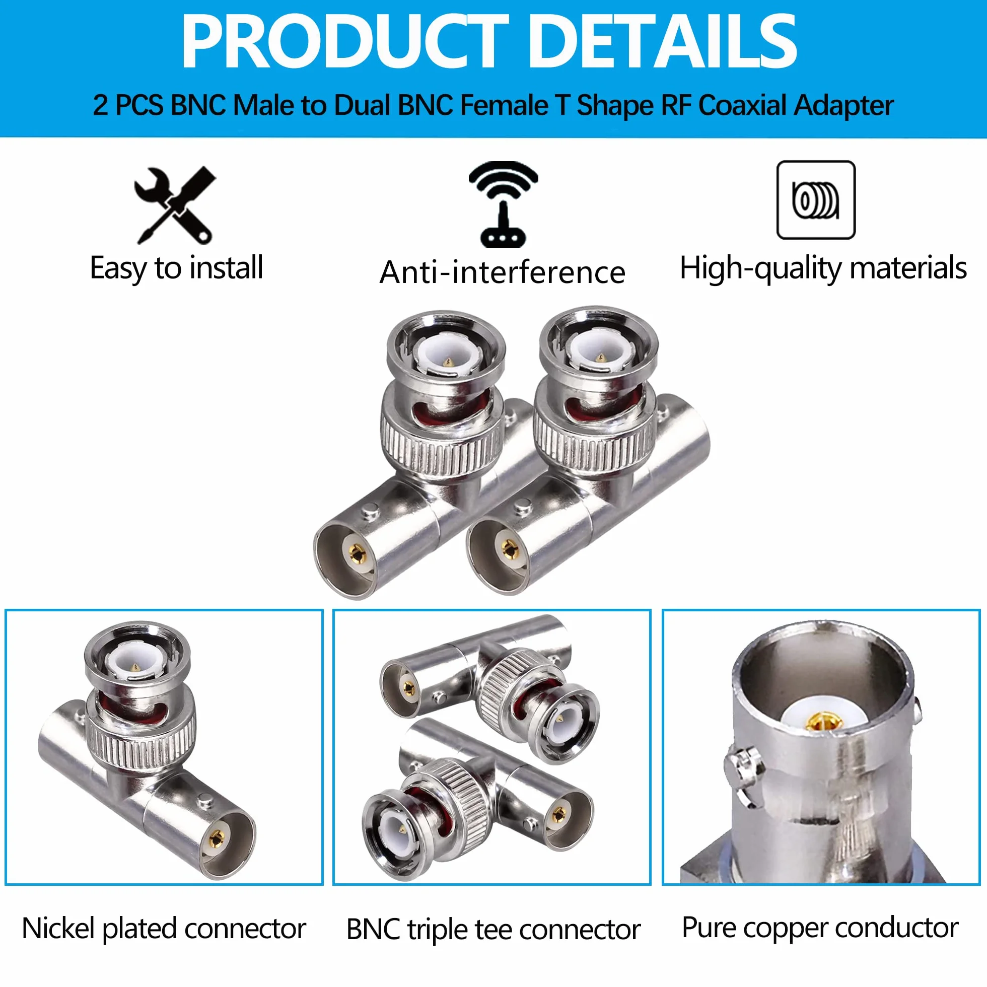 Złącze BNC Triple Tee - męski na podwójny żeński adapter koncentryczny RF w kształcie litery T do kabla koncentrycznego Security CCTV DVR Camera - 3-drożny rozdzielacz łączący 2 szt