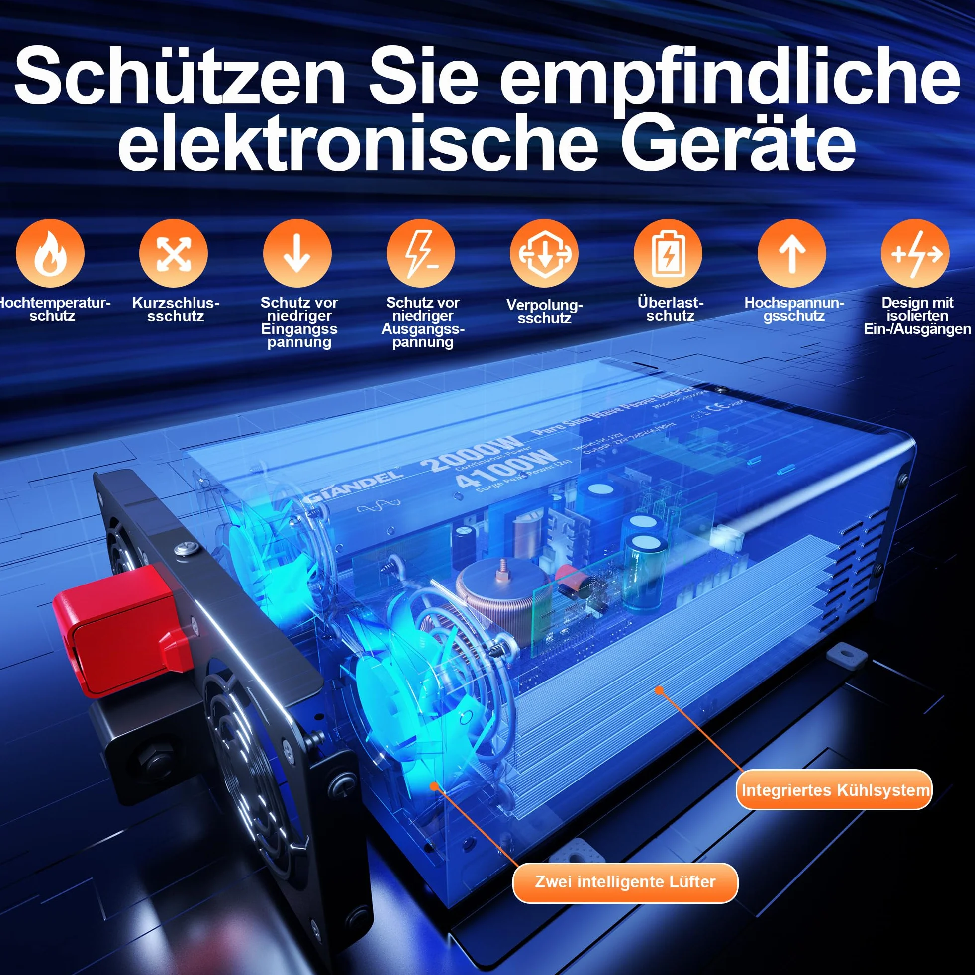 GIANDEL Falownik 2000 W, 12 V na 230 V, czysty falownik sinusoidalny, moc szczytowa, 4100 W, przetwornica napięcia, inwerter z pilotem LCD, regulowane napięcie wejściowe do urządzeń gospodarstwa