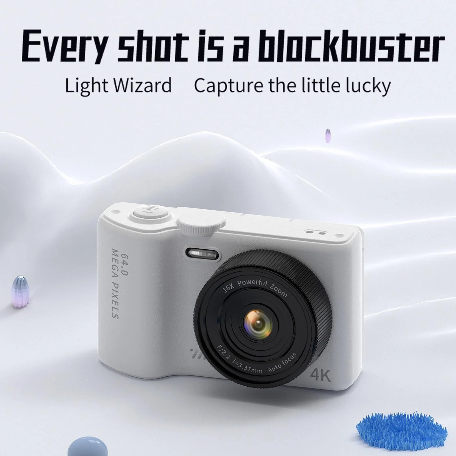 Andoer Aparat cyfrowy 4K z 3-calowym ekranem składanym, WiFi 64 MP, przenośny, kompaktowy aparat z zoomem cyfrowym 16x, karta TF 32 GB, akumulator dla nastolatków, dorosłych, początkujących, wbudowane