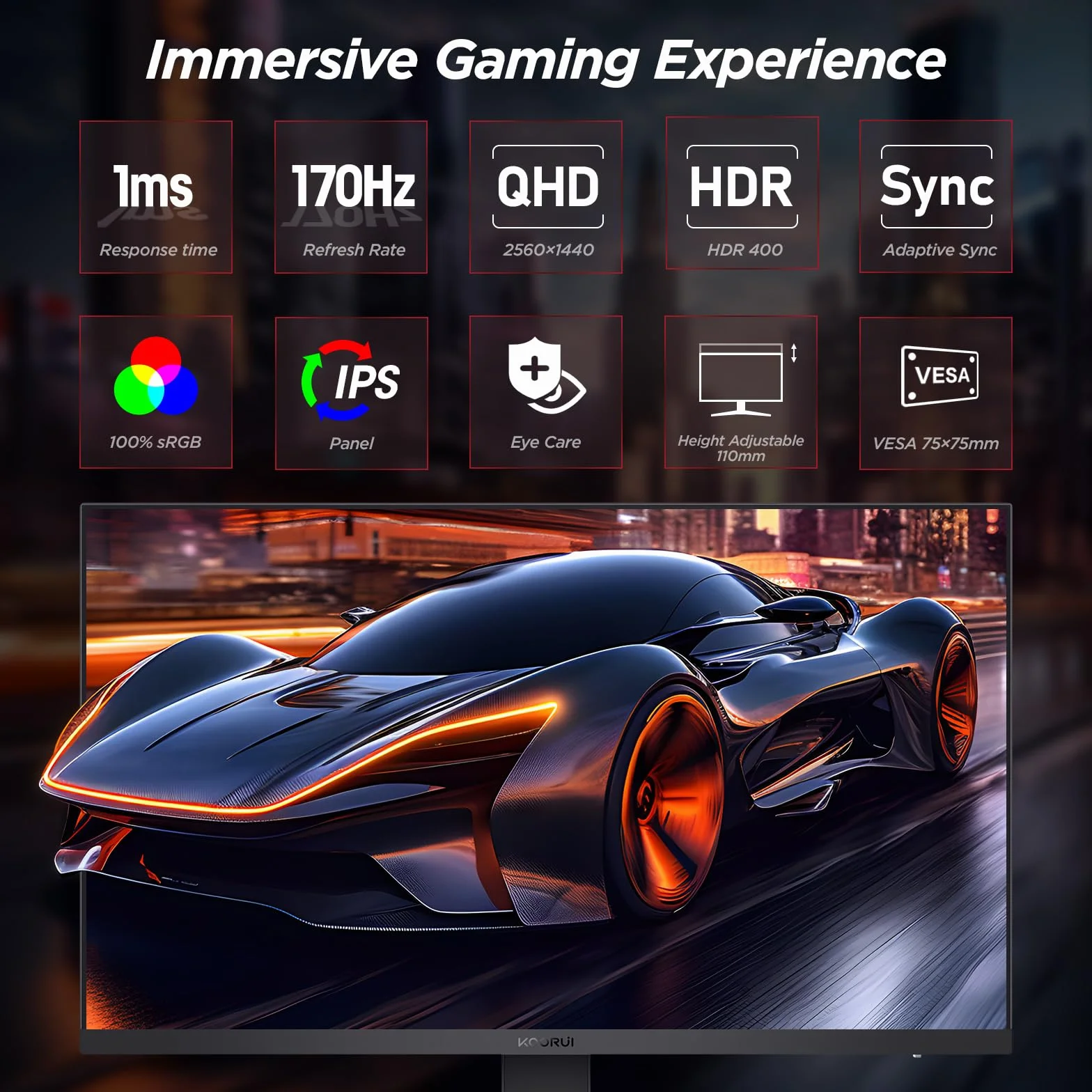 KOORUI Monitor gamingowy 27", ekran 2K, QHD (2560 x 1440), 170 Hz PC monitory FreeSync &G-Sync kompatybilny z (IPS, 1ms, 100% sRGB, Eye Care, 2 x HDMI, DisplayPort, DCI-P3 90%, VESA 75 x 75