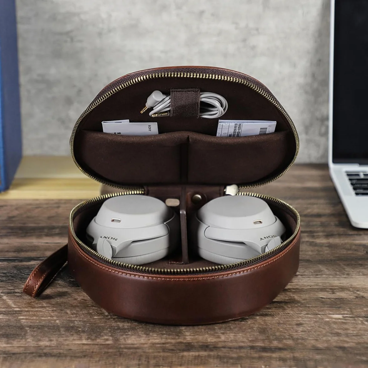 Etui na słuchawki z prawdziwej skóry kompatybilne z Sony WH-1000XM6, WH-1000XM5, WH-1000XM4, przenośne bezprzewodowe etui do przechowywania słuchawek, ręcznie robione etui ochronne ze skórzanym