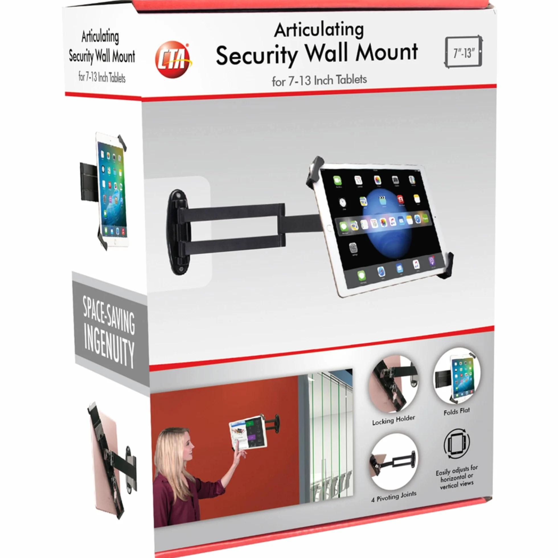 Bezpieczny uchwyt ścienny – CTA uchwyt na tablet z ramieniem przegubowym z obrotem o 360 stopni do iPada 10. generacji 27.7 cm - iPad 7., 8., 9. generacji, 25.9 cm, iPad Pro 32.8 cm i 17.8-33.0 cm,