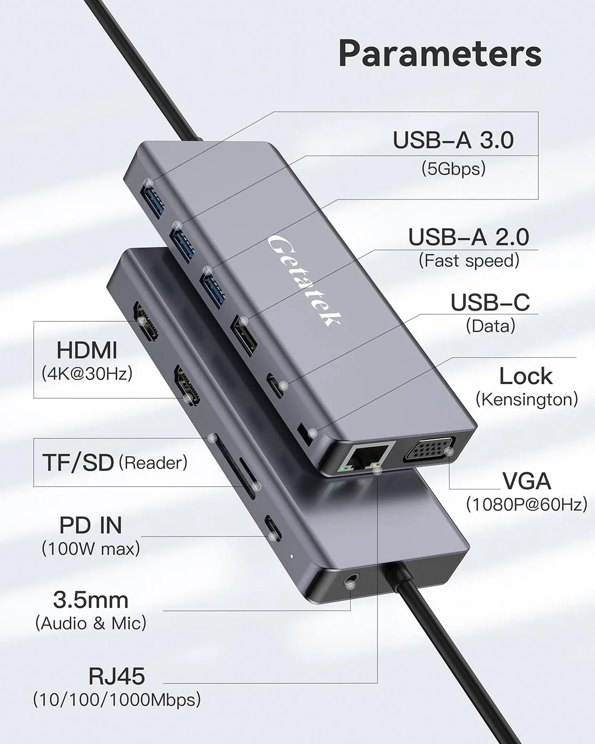 Stacja dokująca USB C, 14 w 1, stacja dokująca USB C, potrójny wyświetlacz, stacja dokująca do laptopa z podwójnym HDMI, VGA, PD, RJ45, SD/TF, 3 USB 3.0, USB 2.0, audio, port danych typu C, blokada