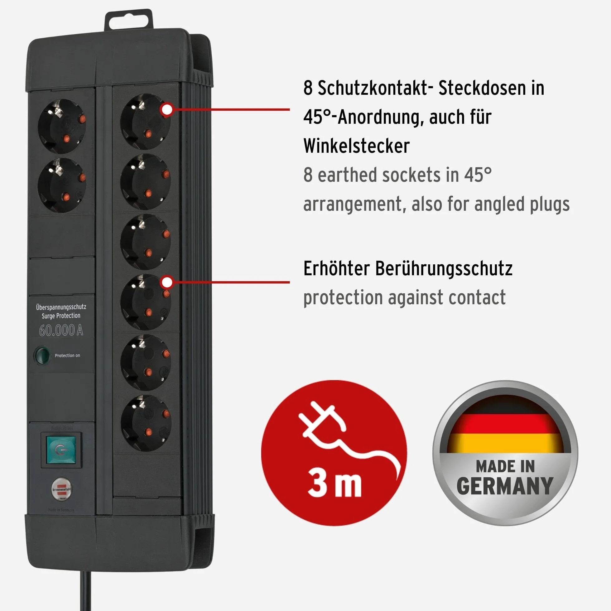 Brennenstuhl Listwa zasilająca Premium-Line z 8 gniazdami z ochroną przed przepięciem (gniazdko wielokrotne z przełącznikiem i kablem 3 m, Made in Germany), czarna