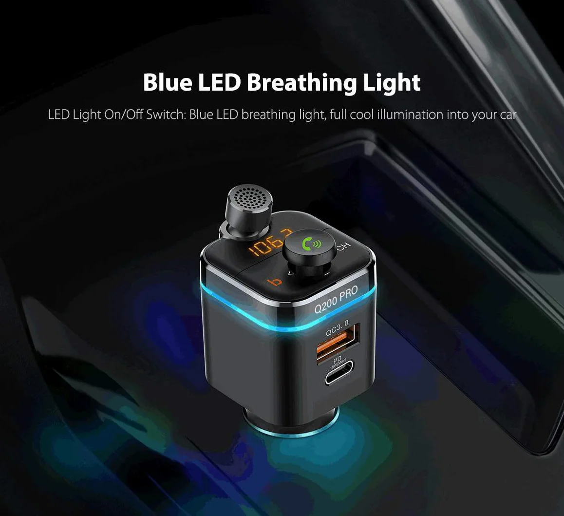 Feegar Q200 Pro Transmiter FM Bluetooth 5.0 QC3.0 4.0 PD SD MP3 USB-C 12-24 V Ładowarka 42W typ C 87,5–108,0 MHz Regulowany mikrofon HD Bass Boost Efekt Siri