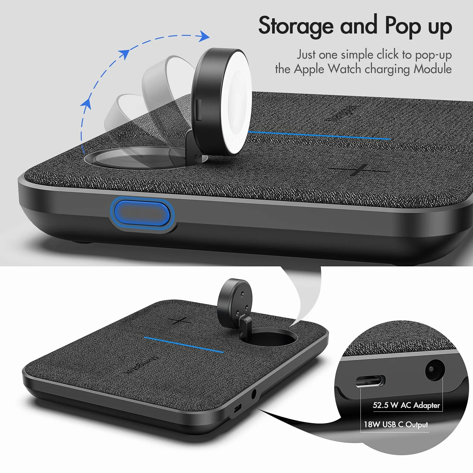 Mangotek Zamiennik dla bezprzewodowej ładowarki 3 w 1 Qi stacja ładująca ładowarka stacja dokująca z wyjściem USB C PD 18 W do Apple Watch i AirPods iPhone 13/12 Pro Max/11/SE/XS Max/XR/X/8/8Plus