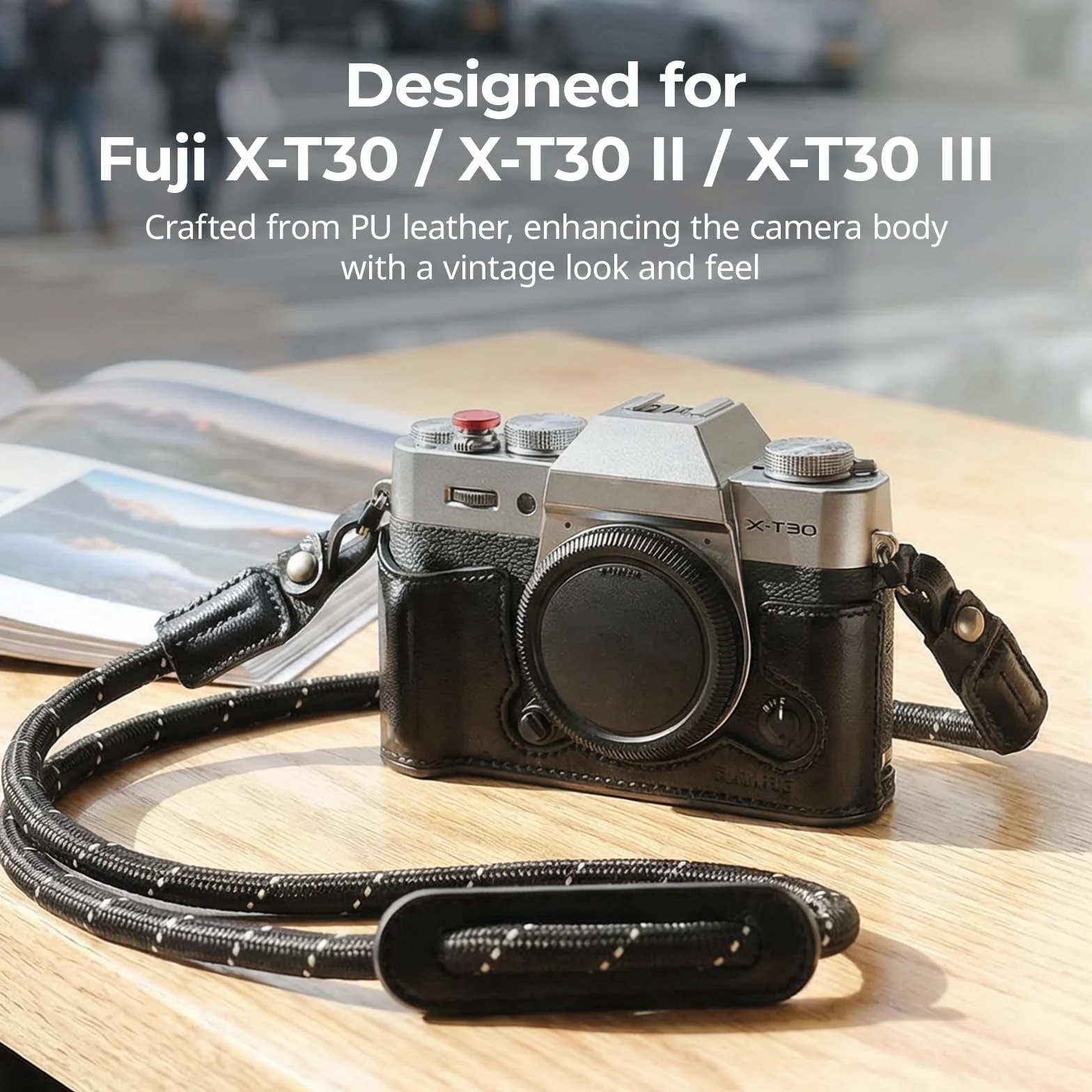 SMALLRIG X-T30 III Półskórzany pokrowiec z paskiem na ramię do FUJIFILM X-T30 I/II/X-T30 III, pokrowiec w stylu retro z aluminiową ramą i osłoną spustu migawki, czarny - 5669