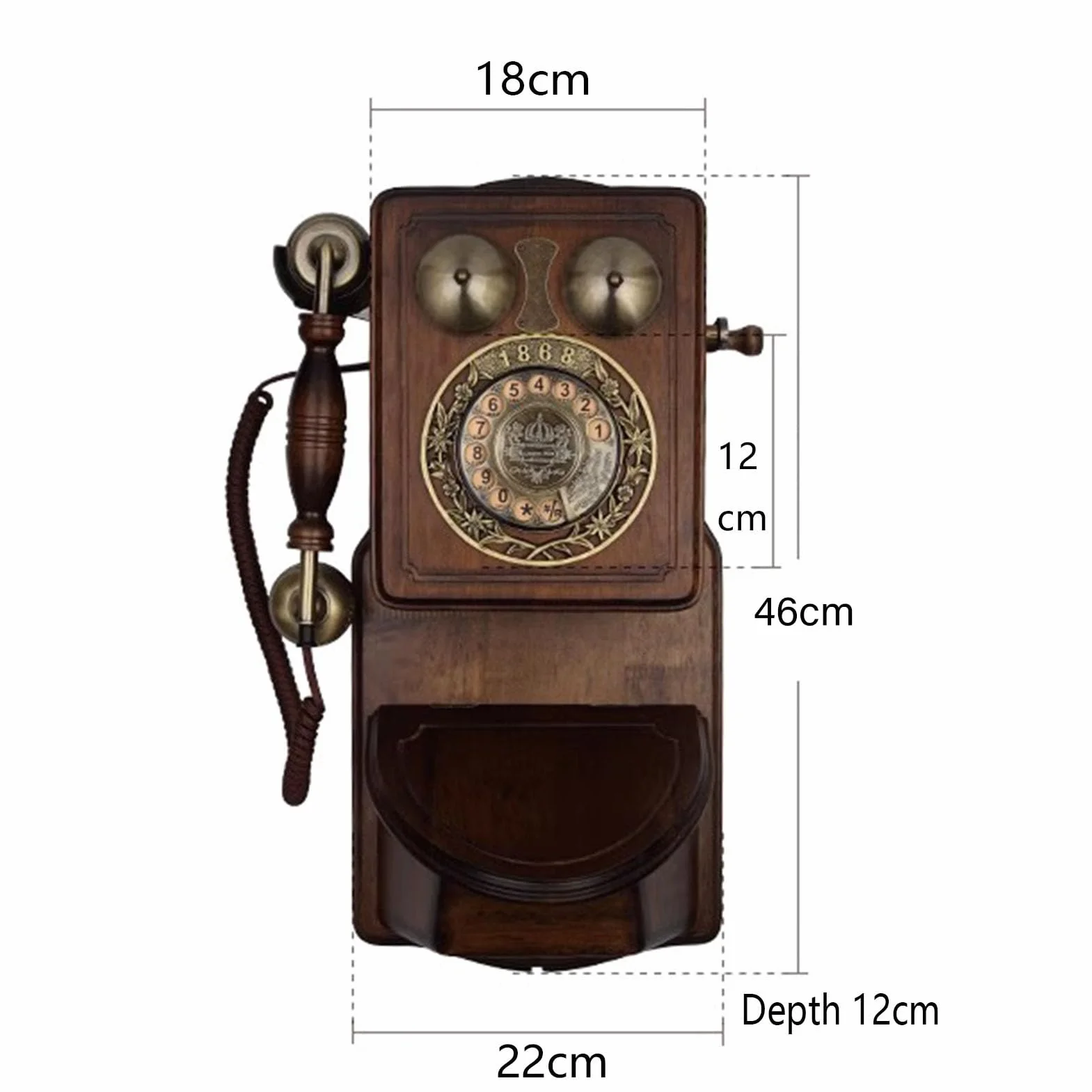 Telefon stacjonarny retro, Telefon stacjonarny ścienny z tarczą obrotową, stop drewna, 46x22x12cm
