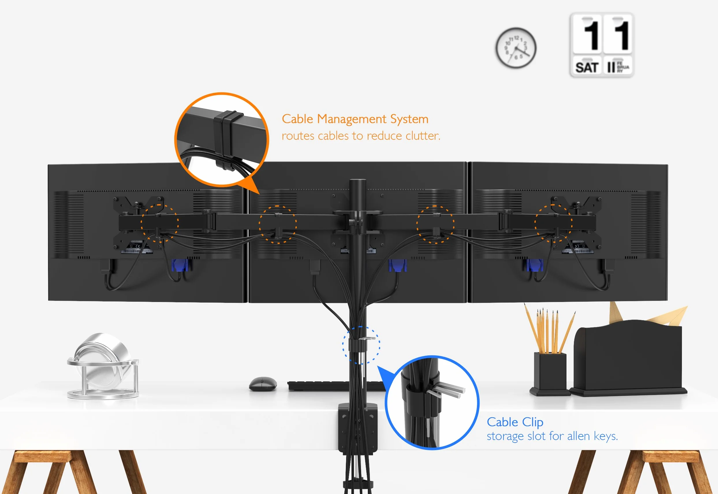 BONTEC Uchwyt na 3 Monitory Biurkowy 13-24 cale, VESA 75x75/100x100, Regulacja Wysokości, Pochylany 180°, Obracany 360°, Nośność 10kg na Monitor, Stojak na Monitory LCD/LED, Czarny | Potrójne ramię biurkowe z zaciskiem i otworem na kabel do pracy, nauki i