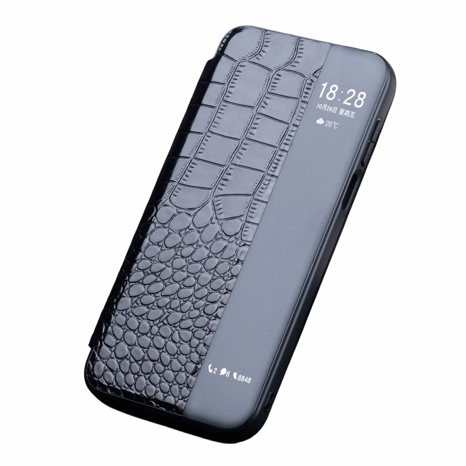 Etui z klapką do Huawei Pura 90 Pro Max/90 Pro, magnetyczne zamknięcie inteligentne okna etui krokodyl wzór prawdziwej skóry, czarny, 90 Pro