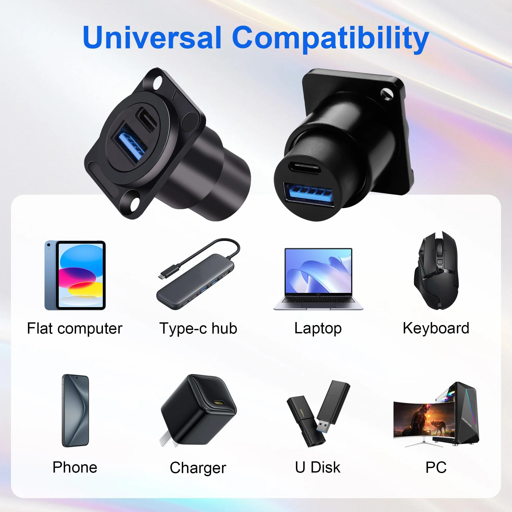 Podwójny adapter USB 3.0 i panel typu C, gniazdo przejściowe typu D z USB A 3.0 + podwójne porty USB C 3.1 do samochodu/domu/przemysłu (szybkie ładowanie danych i ładowanie)