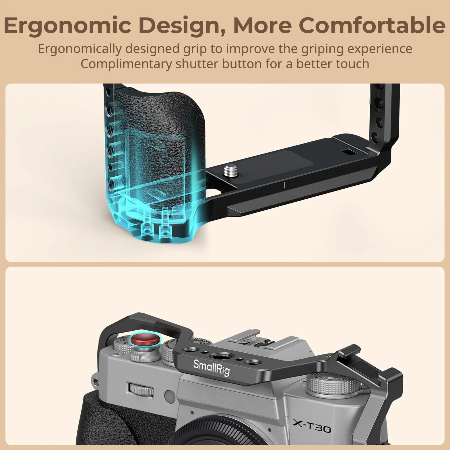 SMALLRIG Klatka fotograficzna X-T30 III do FUJIFILM X-T30 / X-T30II / X-T30III, wbudowany ergonomiczny silikonowy uchwyt, płytka szybkiego montażu do Arca, gniazdo QD i otwory na pasek - 5662