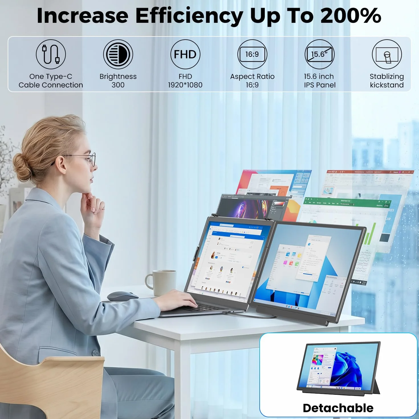 KEFEYA Rozszerzenie ekranu laptopa, FHD 1080p monitor do laptopa z dwoma ekranami, przenośny monitor 15,6" do laptopów o przekątnej ekranu 13-17", z USB C / HDMI, Plug and Play dla Windows/Mac