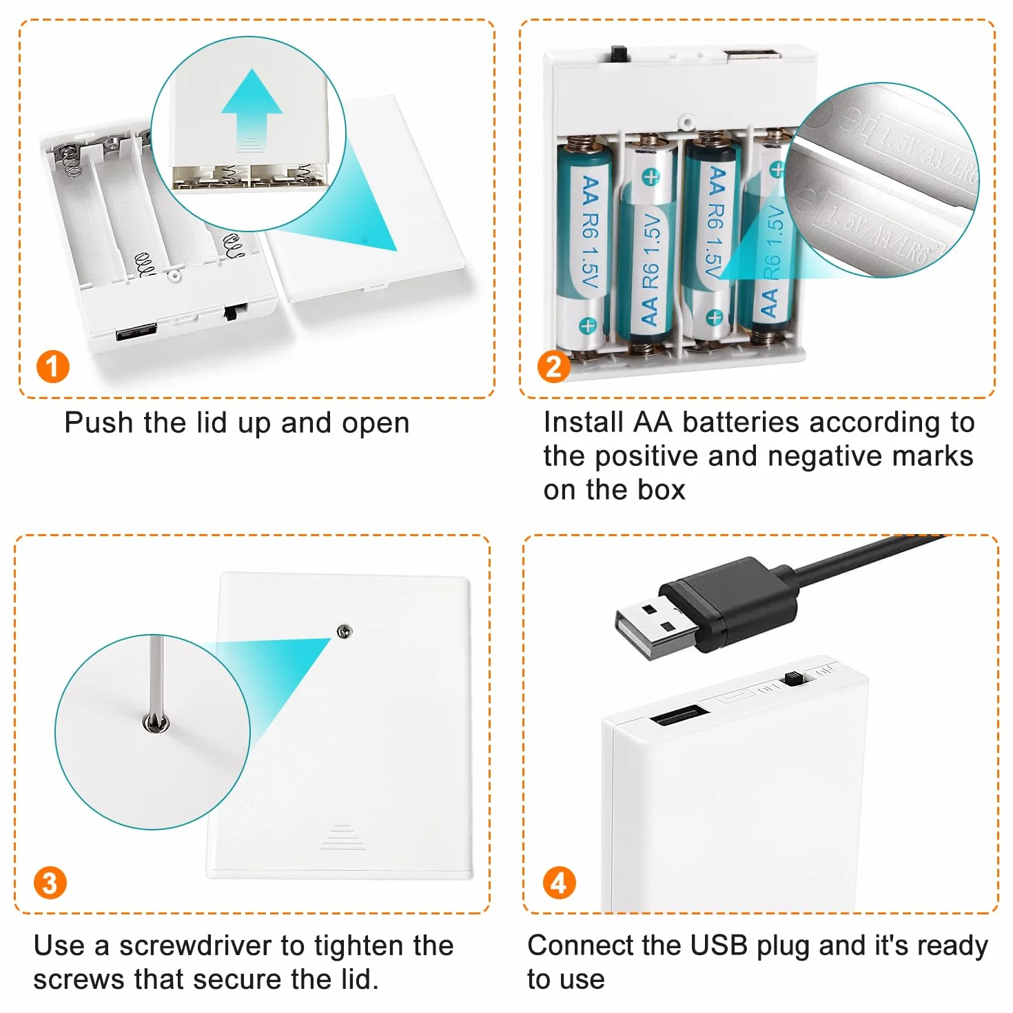 4 Sztuk 4 x 1.5V AA Uchwyty na Baterie, AA 6V Battery Storage Box z Wbudowany Gniazdem Żeńskim USB i Przełącznikiem ON/OFF i Pokrywą, z 2 Sztuk Plastikowym Pojemnikiem na Baterie, Biały