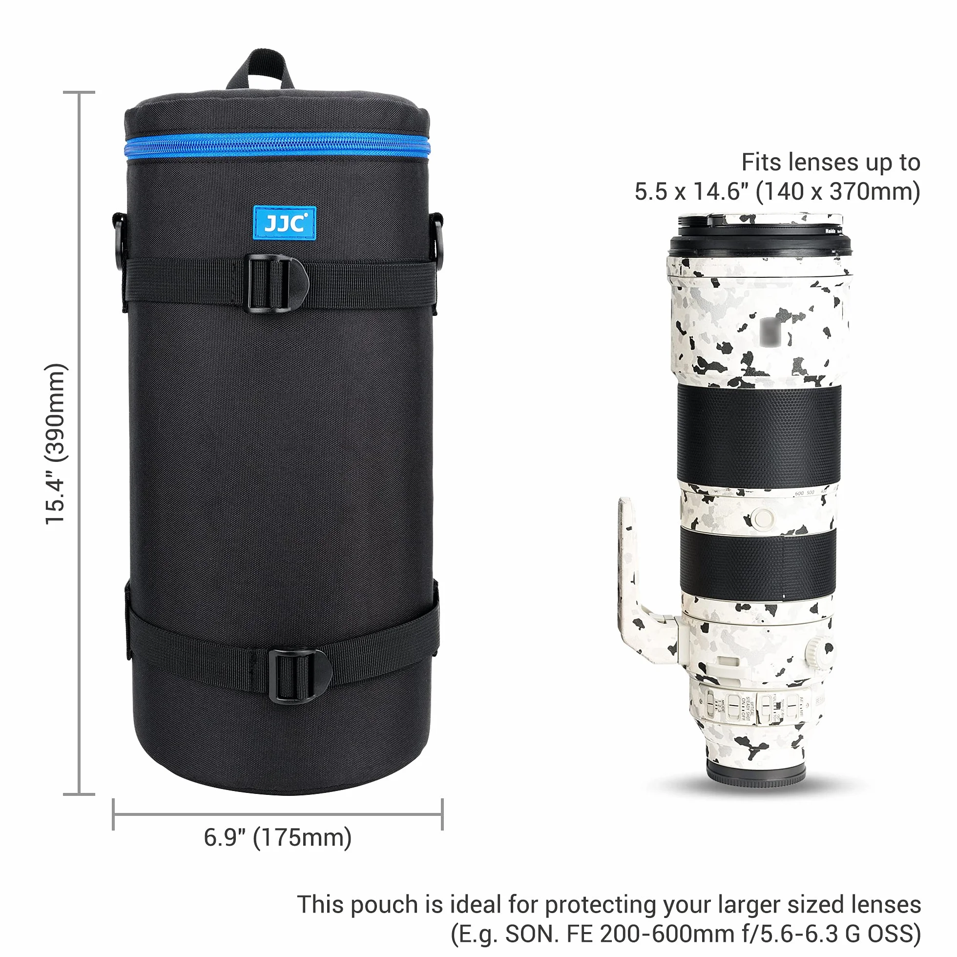 JJC Etui na obiektyw do Sony FE 200-600 mm F5,6-6,3G OSS, wodoodporne, ochronne z paskiem na ramię i zdejmowaną poduszką, rozmiar wewnętrzny 5,5 cala x 14,5