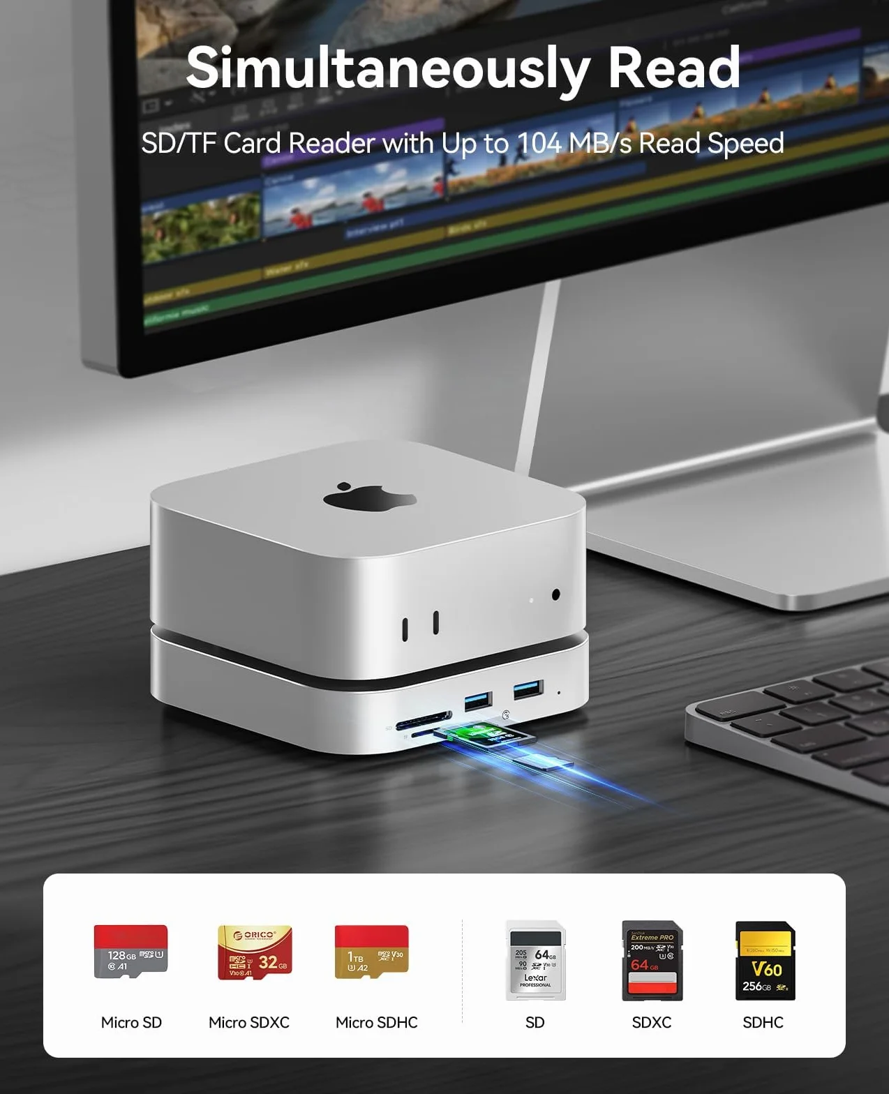 ORICO MiniLink Mac mini M4 Hub, port USB 3.0 5 Gb/s, czytnik kart SD 3.0/TF 3.0, gniazdo słuchawkowe 3,5 mm i gniazdo mikrofonowe (M48P)