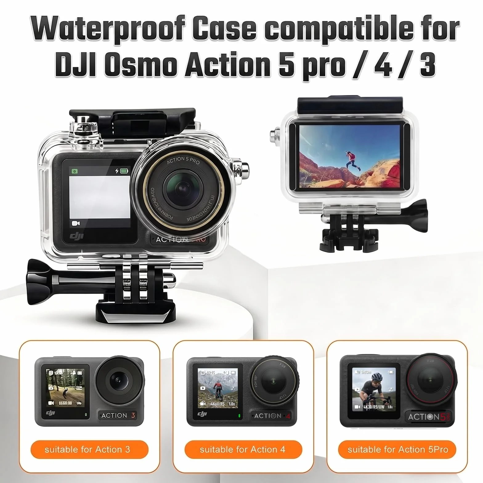 Wodoodporna Obudowa Nurkowania z Pływający uchwyt Etui Ochronne i Folie Szklane Zestaw Akcesoriów Kompatybilny z DJI Osmo Action 5 Pro/Action 4/Action 3 do Snurkowania, Surfingu, Wakeboardu | pływający uchwyt, osłona ochronna, szklana folia ochronna do nu